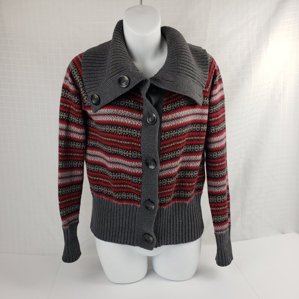 Eddie Bauer PS Button Cardigan Sweater Convertible Neck Petite Red Black Gray